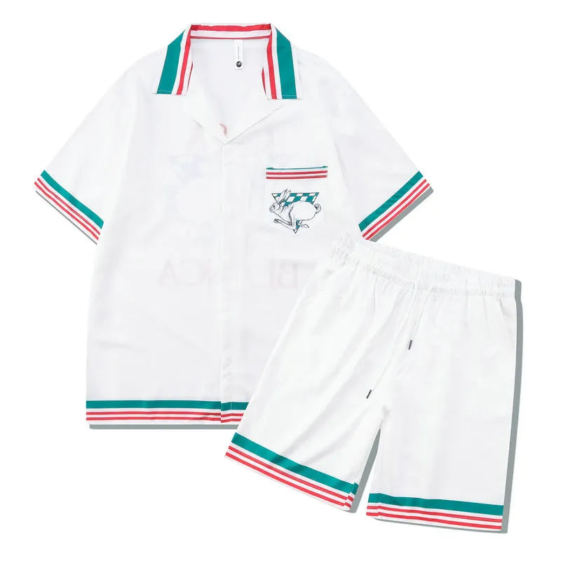 Plaid print short-sleeve shirt and trouser beach outfit set on a mannequin
