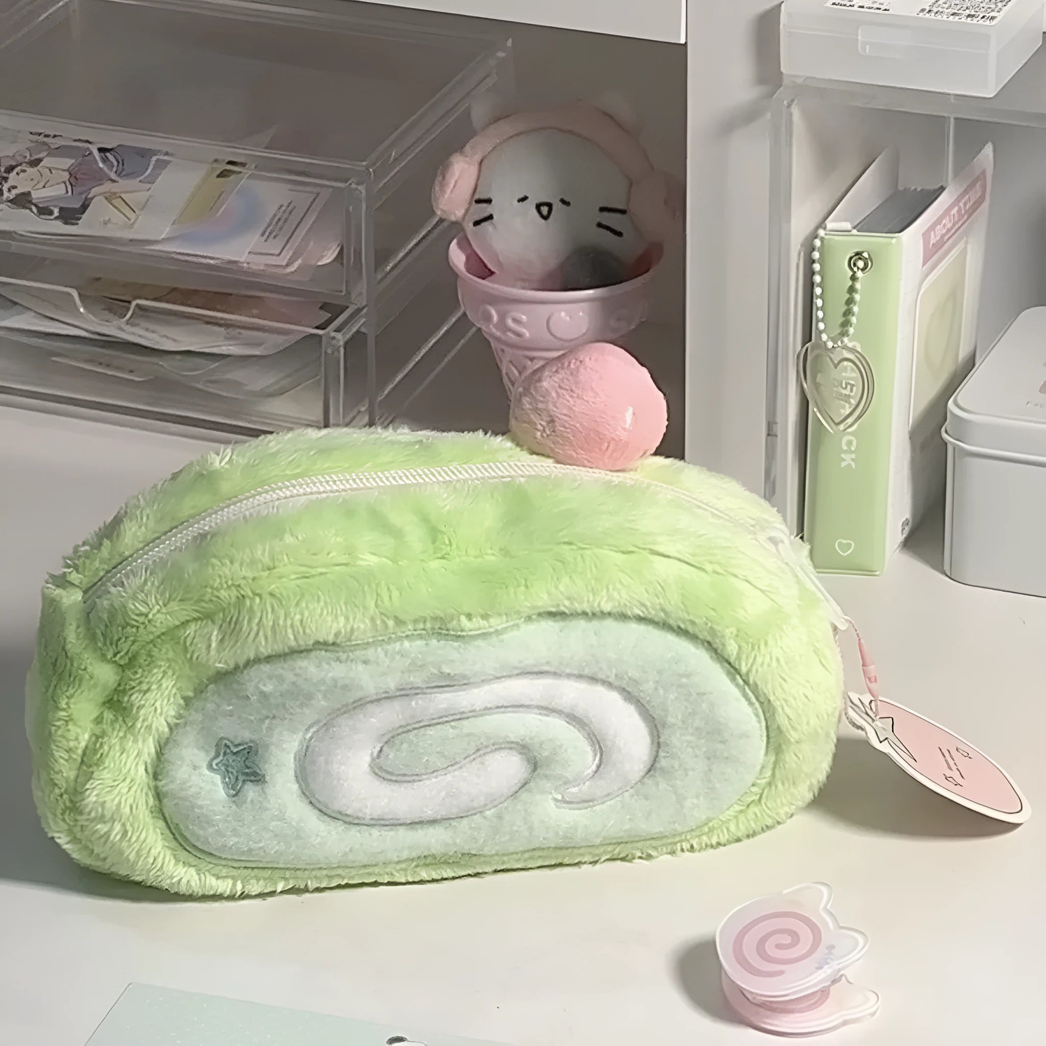 Honeydew Roll plush velvet pencil case with Swiss roll cake design for stationery storage