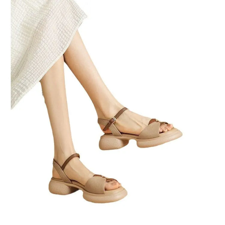 Women's chunky heel platform sandals with open toe in khaki or milky white colours