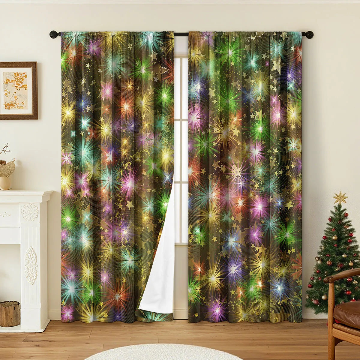 A pair of 3D digitally printed Christmas-themed curtains made from polyester fabric.