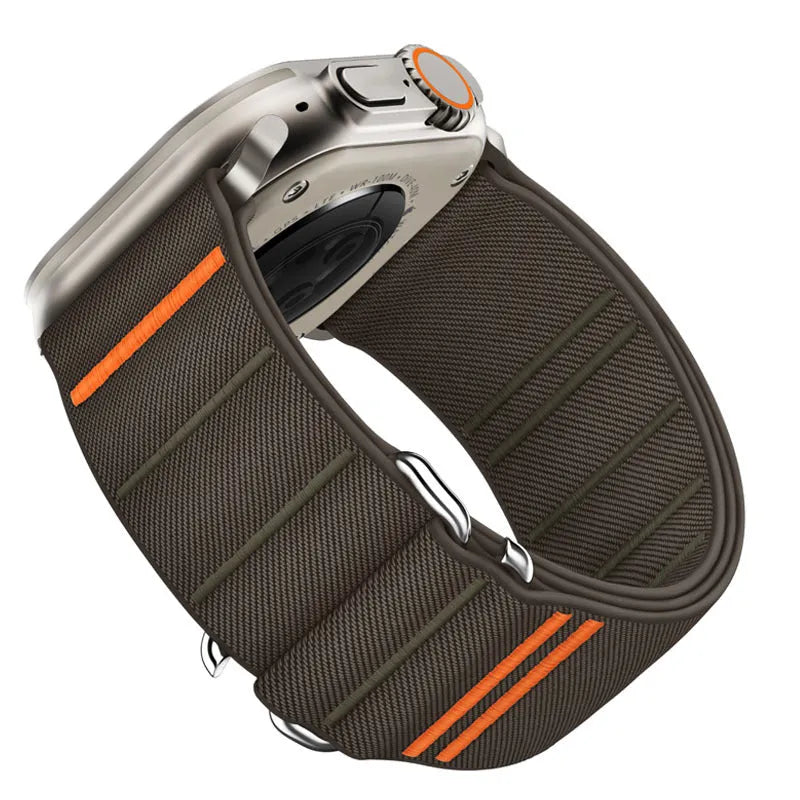 Elastic nylon Apple Watch replacement band with stainless steel buckle shown in multiple colour options.