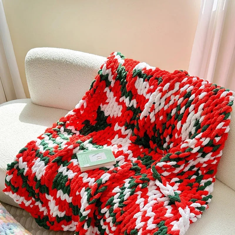 Handmade chenille striped blanket with ice bar dyed pattern in 130x170cm dimensions
