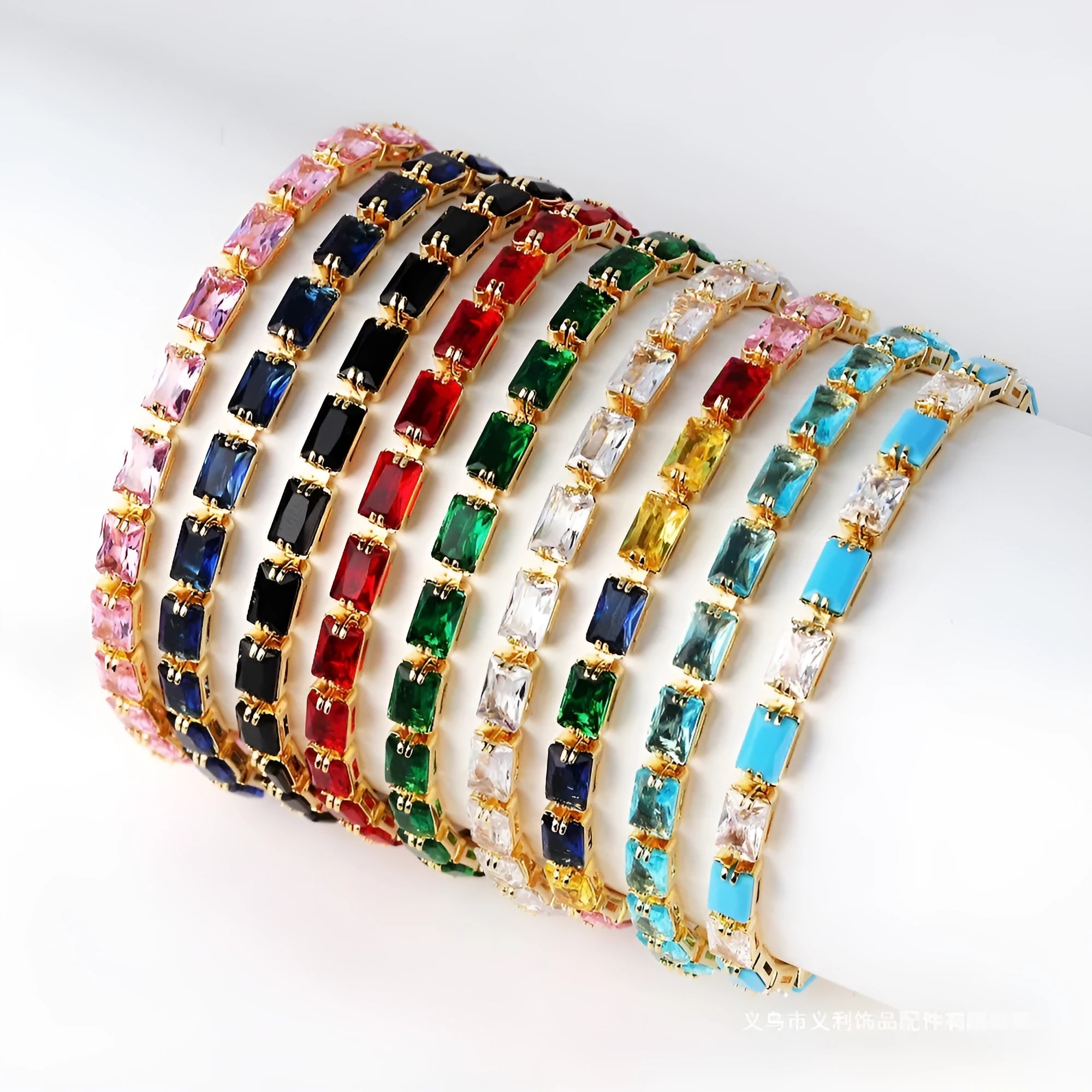 Women's fashion bracelet with electroplated zircon finish in a choice of colours and gold or platinum tones.