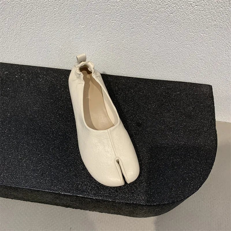 Women's split toe horseshoe design low chunky heel pumps in black, apricot, and brown colours