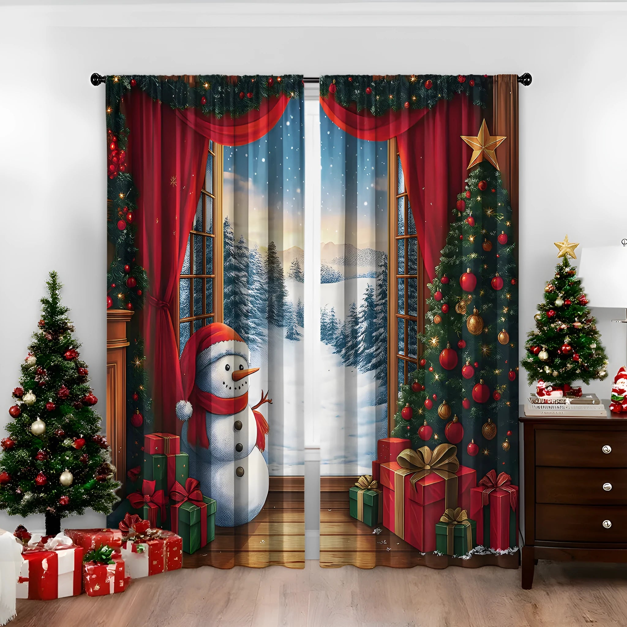 A pair of 3D digitally printed Christmas curtains with a modern festive pattern, hung on a window.