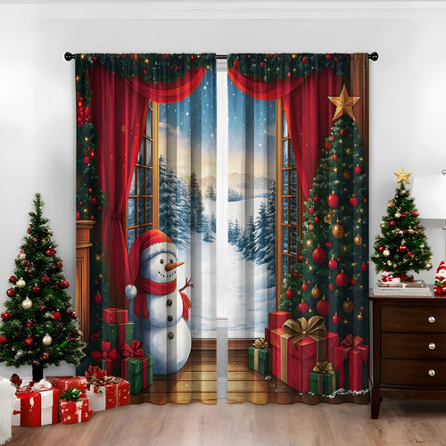 A pair of 3D digitally printed Christmas curtains with a modern festive pattern, hung on a window.