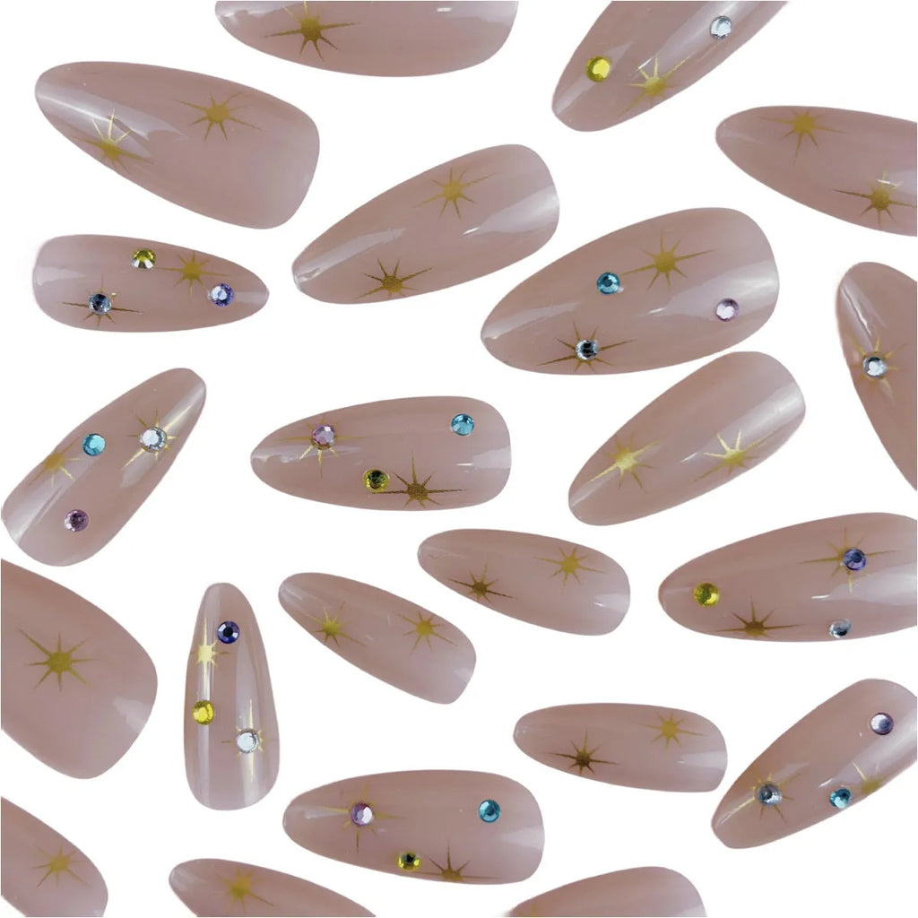 Women's press-on fingernails set 24 pieces starry sky pattern drop shape BW92 with jelly glue