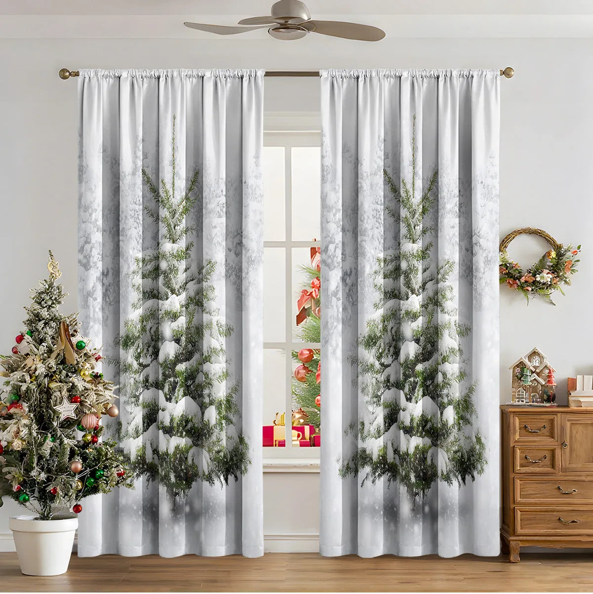 A pair of 3D digitally printed Christmas curtains with a modern festive pattern, hung on a window.