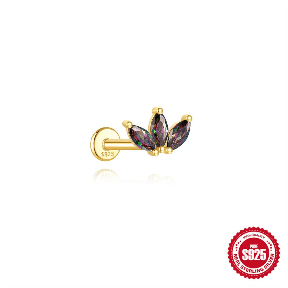 S925 sterling silver flat head thread piercing earring with a rainbow stone in a geometric shape.