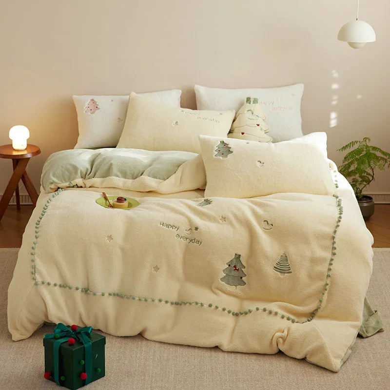 Winter milk fibre princess style bedding set with Christmas tree pattern on quilt and pillowcases.