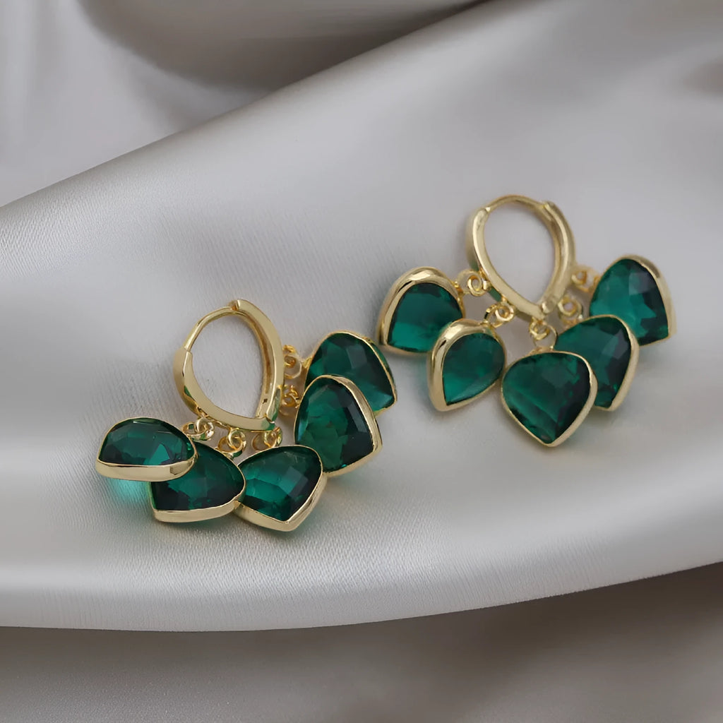 Korean style green heart shaped glass pendant ear clip earrings with alloy inlaid gemstones