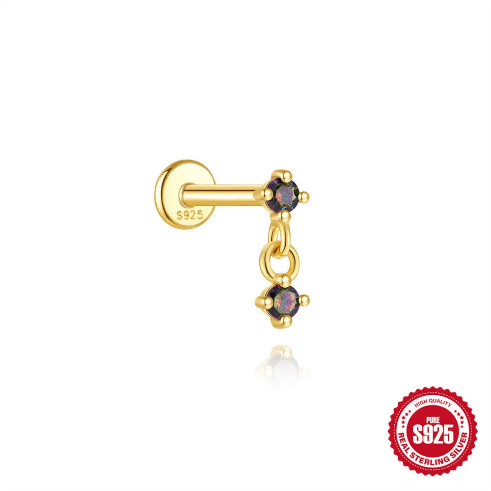 S925 sterling silver flat head thread piercing earring with a rainbow stone in a geometric shape.