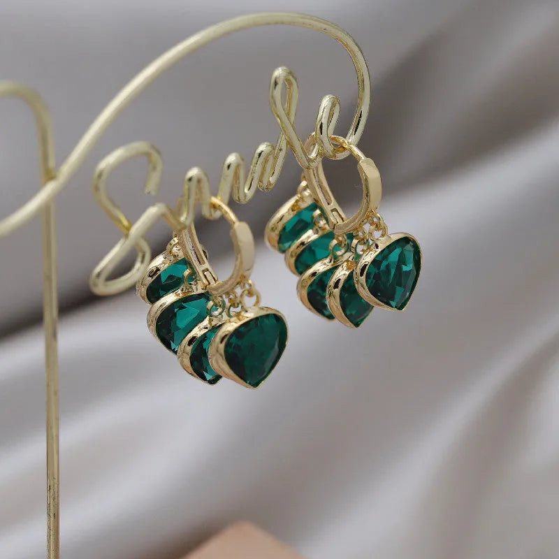 Korean style green heart shaped glass pendant ear clip earrings with alloy inlaid gemstones