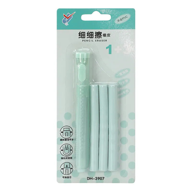Children's automatic push eraser in four colour options showing compact 12x8cm size