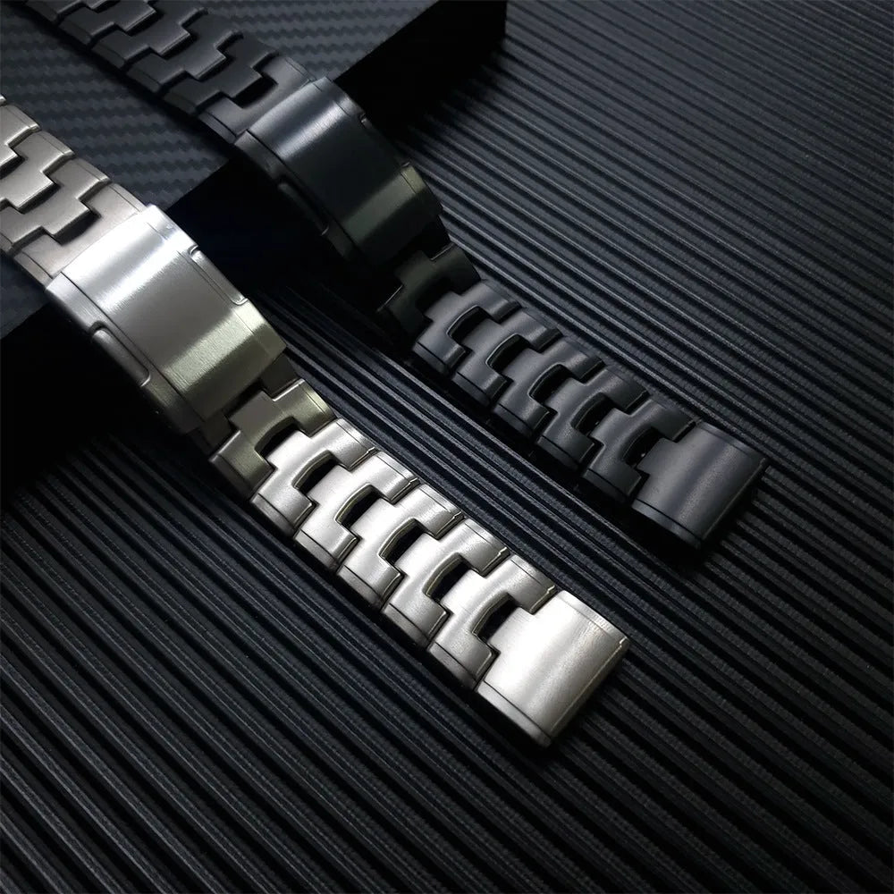 Garmin Fenix Jiaming compatible watch strap in silver, black, and titanium colour options showing 22mm and 26mm widths.