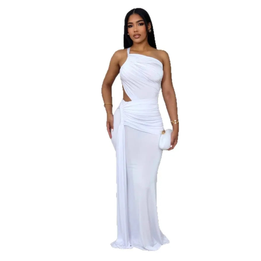 Women's one shoulder pleated dress in milk silk polyester fabric, available in green, orange and white colours