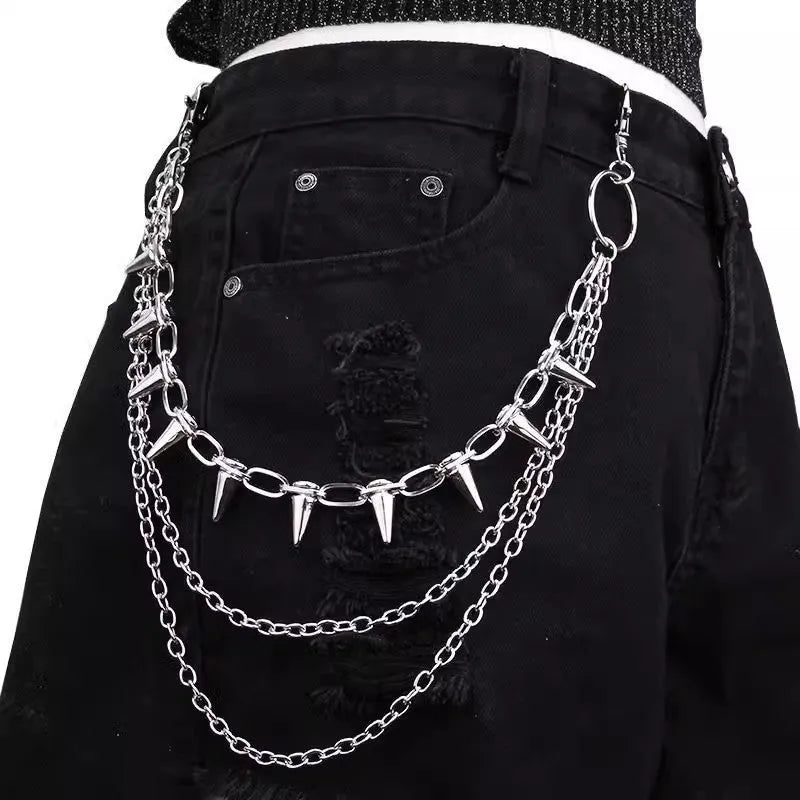Silver double-layer metal pants chain with rivet details, shown at full 115cm length.
