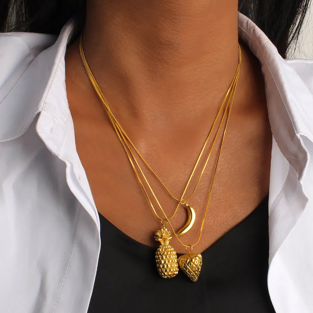 Stainless steel fruit necklace pendant with regular chain, showing fruit charm options