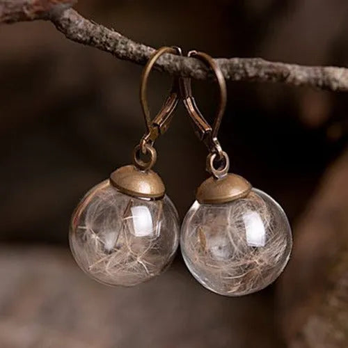 Transparent glass ball earrings with dandelion design and French hook options in silver and bronze finishes