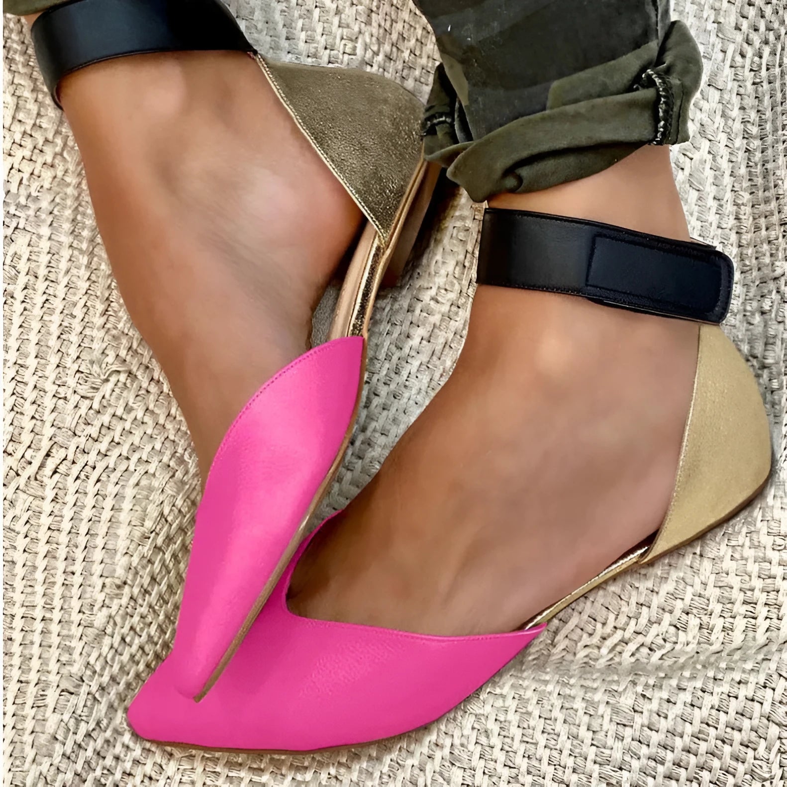 Women's hollowed sandals with velcro straps in rose red colour with flat heel