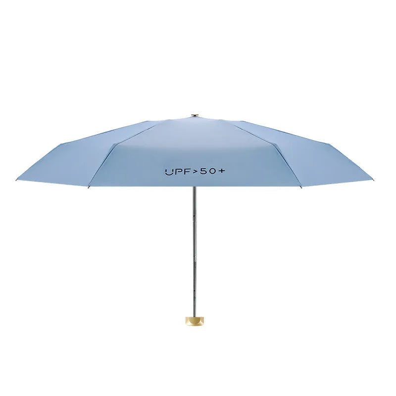 Closed five-fold mini pocket sun umbrella showing compact size and rubber handle