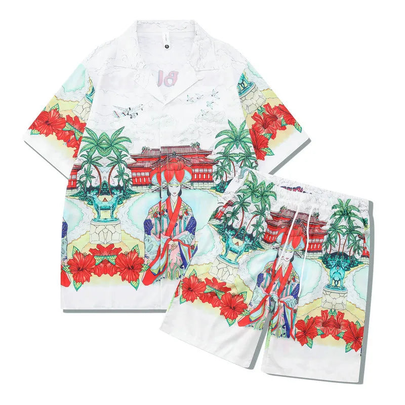 Plaid print short-sleeve shirt and trouser beach outfit set on a mannequin