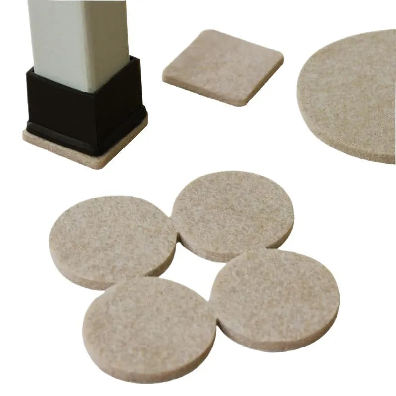 Beige plastic chair leg stoppers in round and square shapes with multiple size options