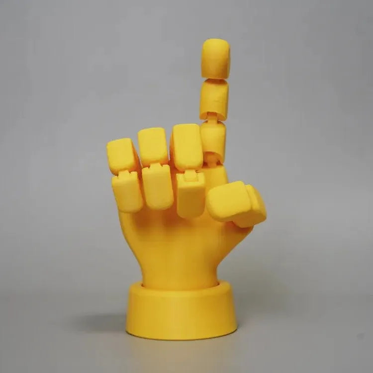 Yellow 3D printed hand props with movable joints for photography and displays