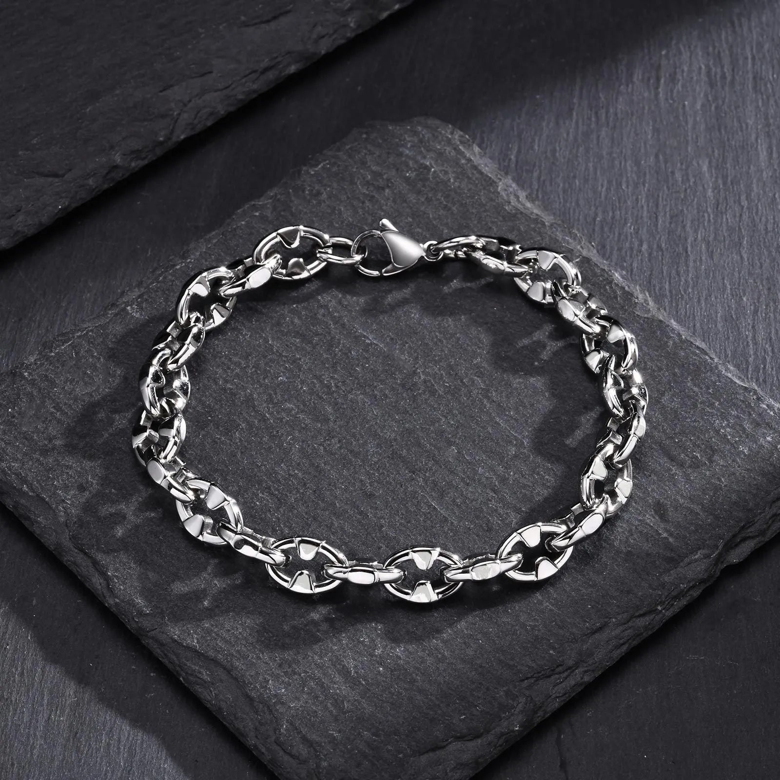 Stainless steel thick chain handmade bracelet in steel colour, geometric men's hip hop jewellery.