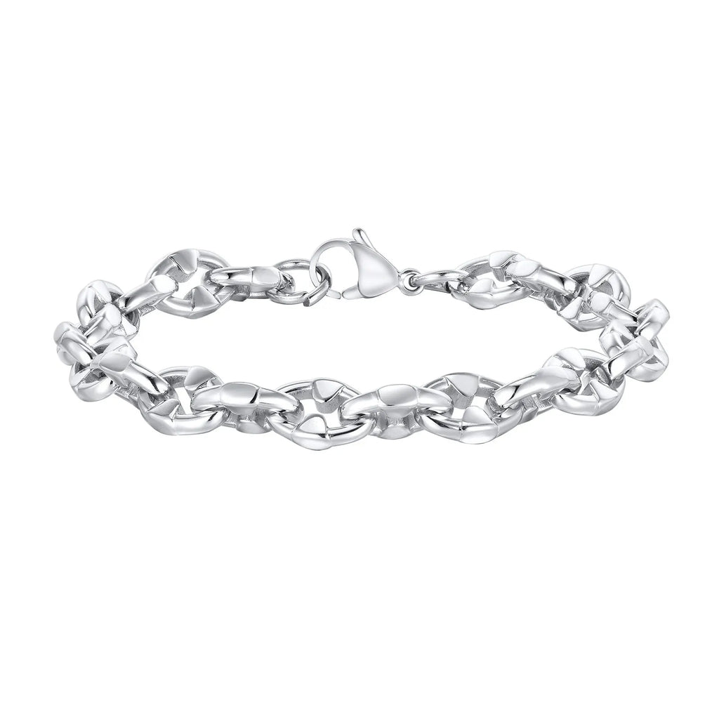 Stainless steel thick chain handmade bracelet in steel colour, geometric men's hip hop jewellery.