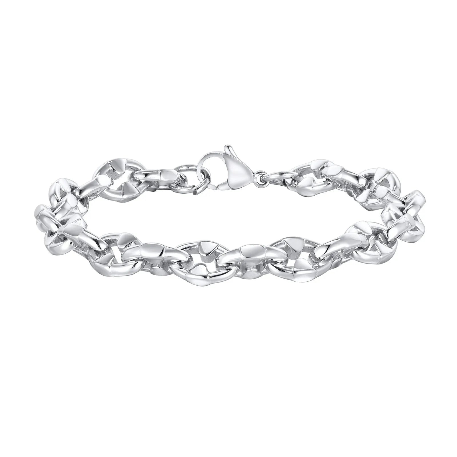 Stainless steel thick chain handmade bracelet in steel colour, geometric men's hip hop jewellery.