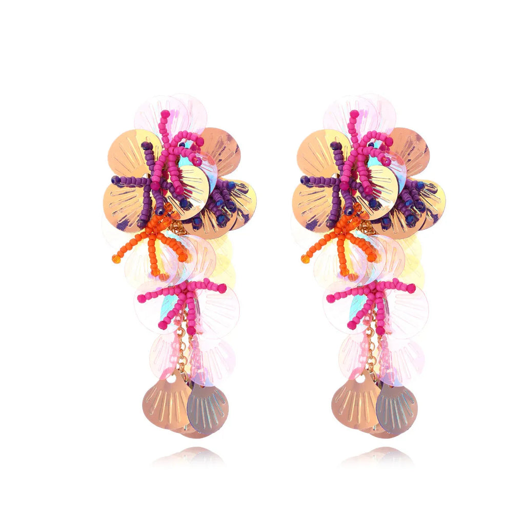 Handmade string bead flower earrings with exaggerated dopamine design in European and American style