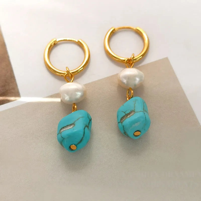 Geometric copper ear clips with irregular turquoise stones and cultured pearls in two length styles