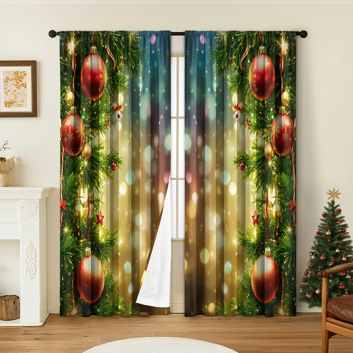 A pair of 3D digitally printed Christmas-themed curtains made from polyester fabric.