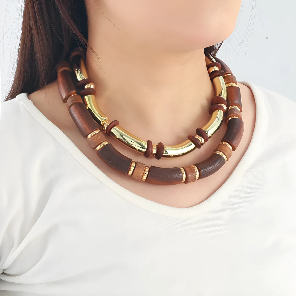 Women's multi-layer wooden necklace and bracelet set with alloy construction and circular design elements
