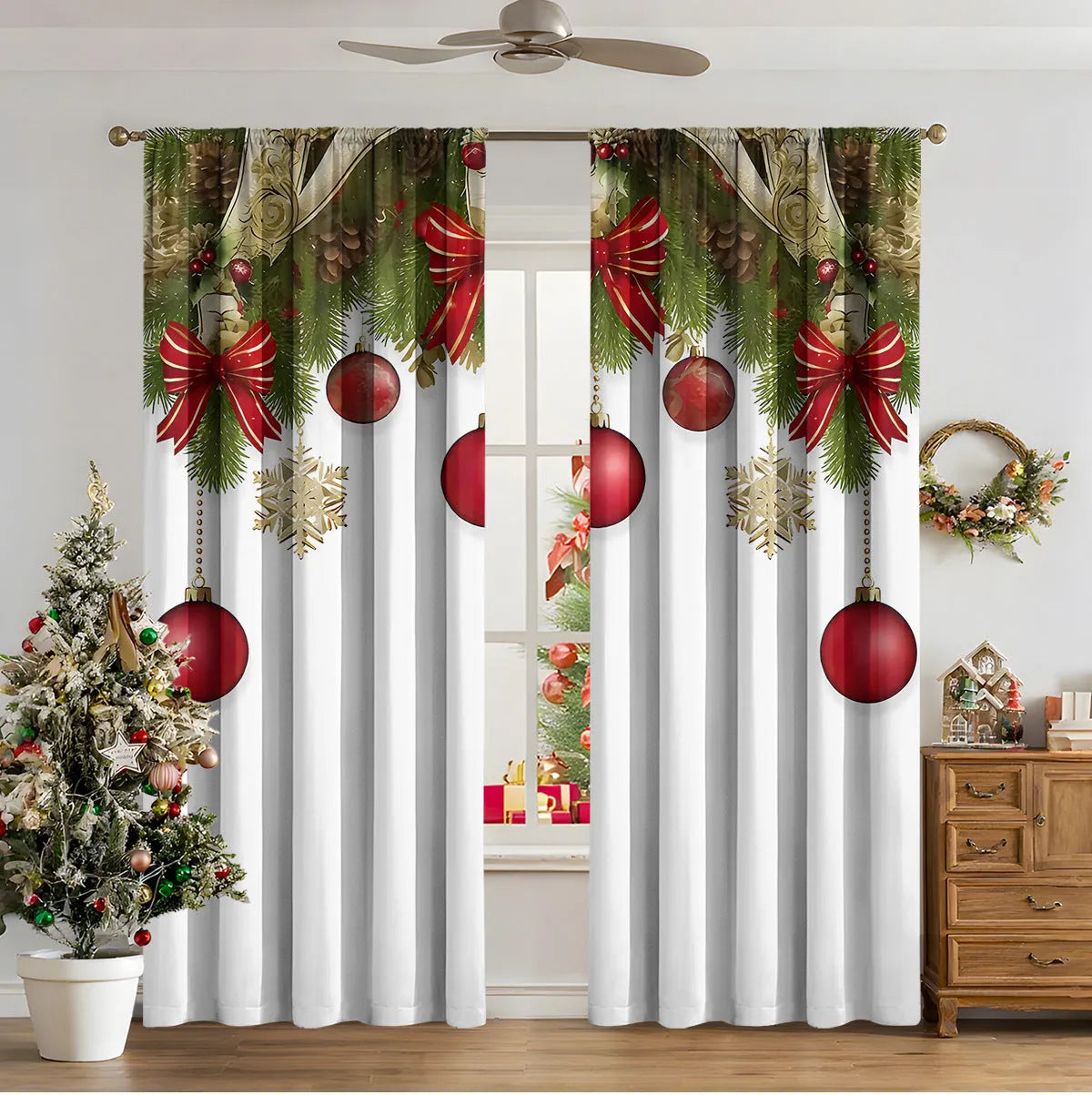 A pair of 3D digitally printed Christmas curtains with a modern festive pattern, hung on a window.