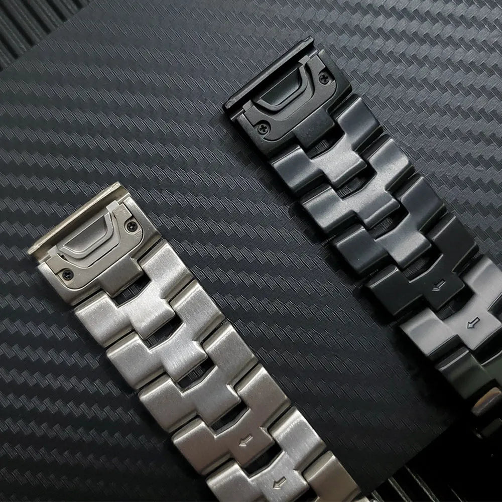 Garmin Fenix Jiaming compatible watch strap in silver, black, and titanium colour options showing 22mm and 26mm widths.