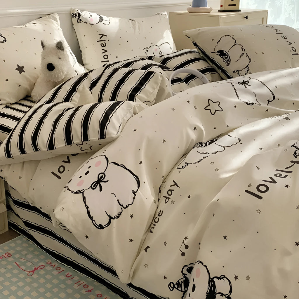 Cotton cartoon dog bedding four-piece set with reactive printed patterns for multiple bed sizes