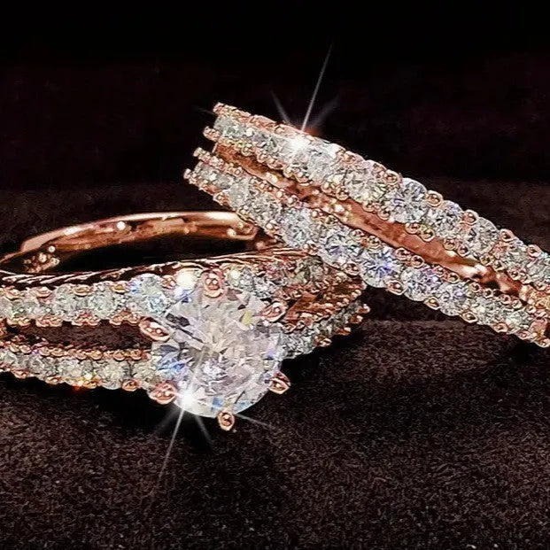 2 in 1 fully jewelled female ring set in alloy showing gold, rose gold and silver colour options