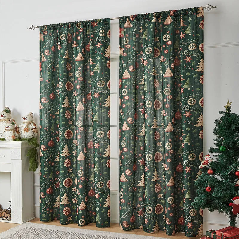 American-style rectangular Christmas printed polyester curtain showing red plaid design with semi-sunshade function