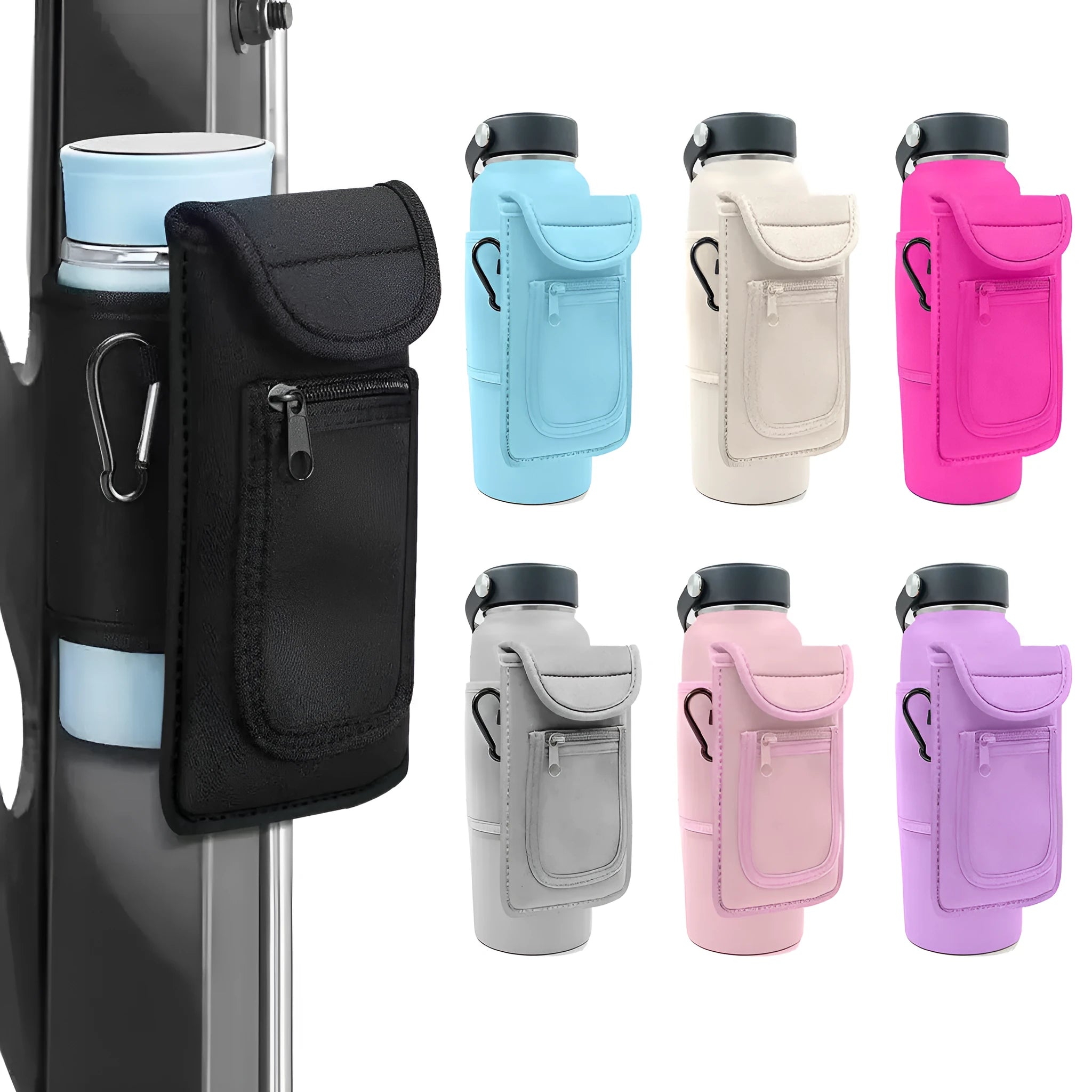 Fitness magnetic cup sleeve covering large sports water bottle with carabiner clip attachment
