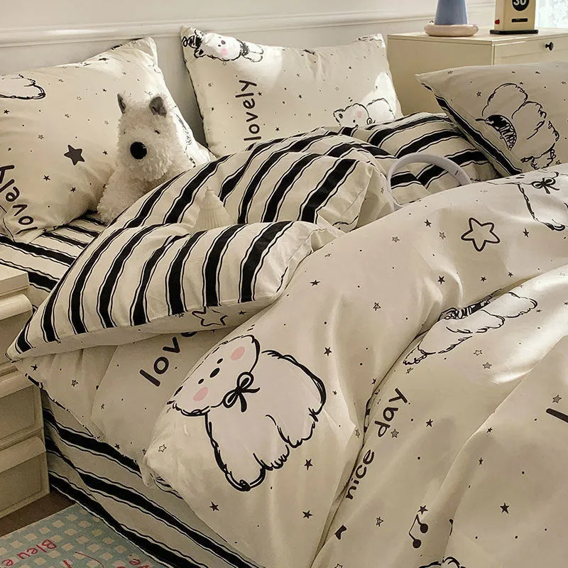 Cotton cartoon dog bedding four-piece set with reactive printed patterns for multiple bed sizes
