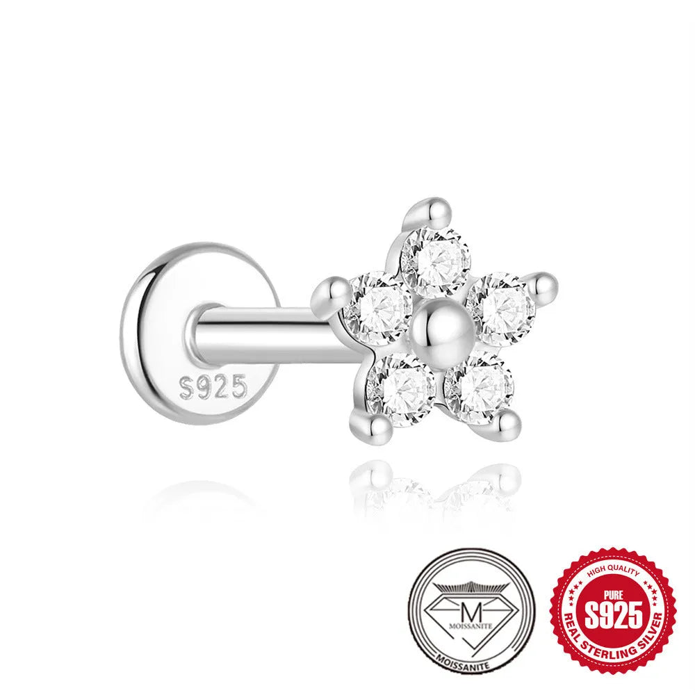 S925 sterling silver geometric stud earrings with petal diamond design, showing triangle and flower shapes.
