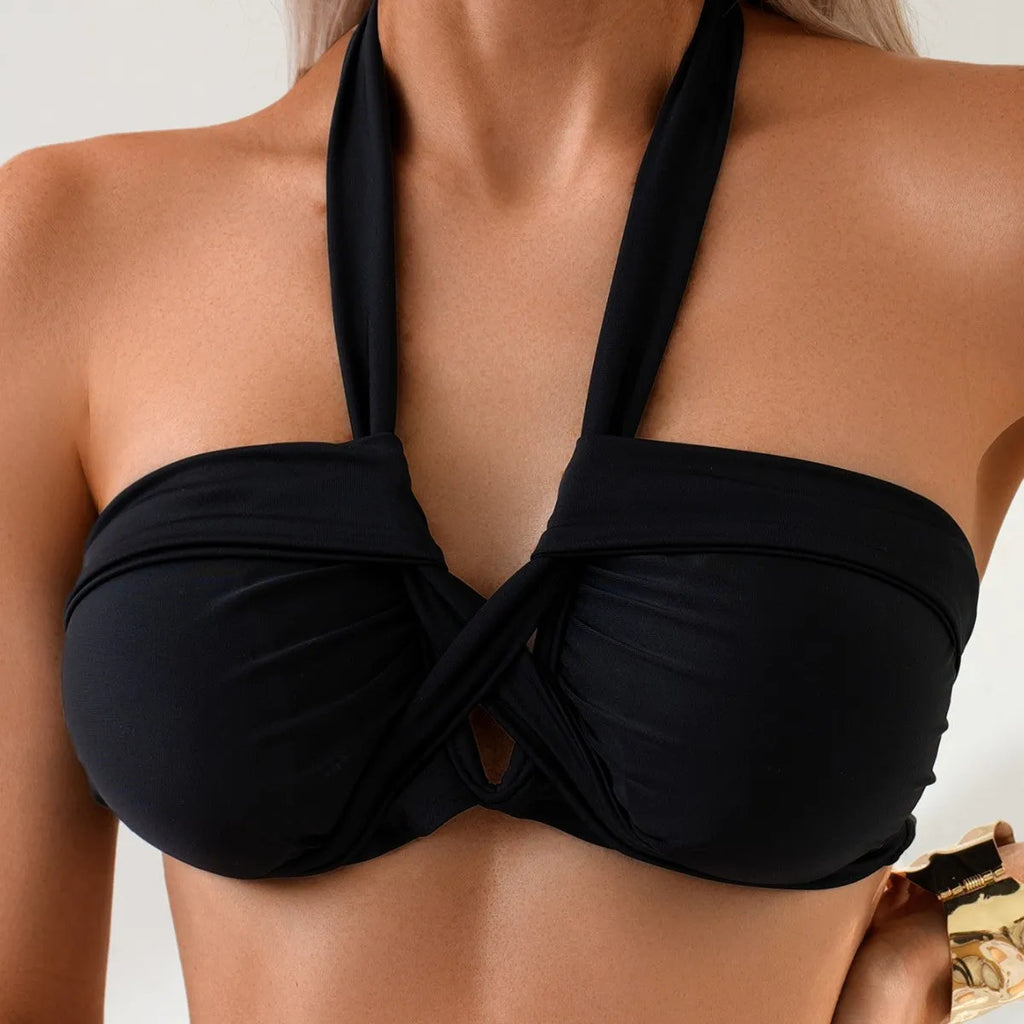 Black backless women's bikini swimsuit for swimming sports.