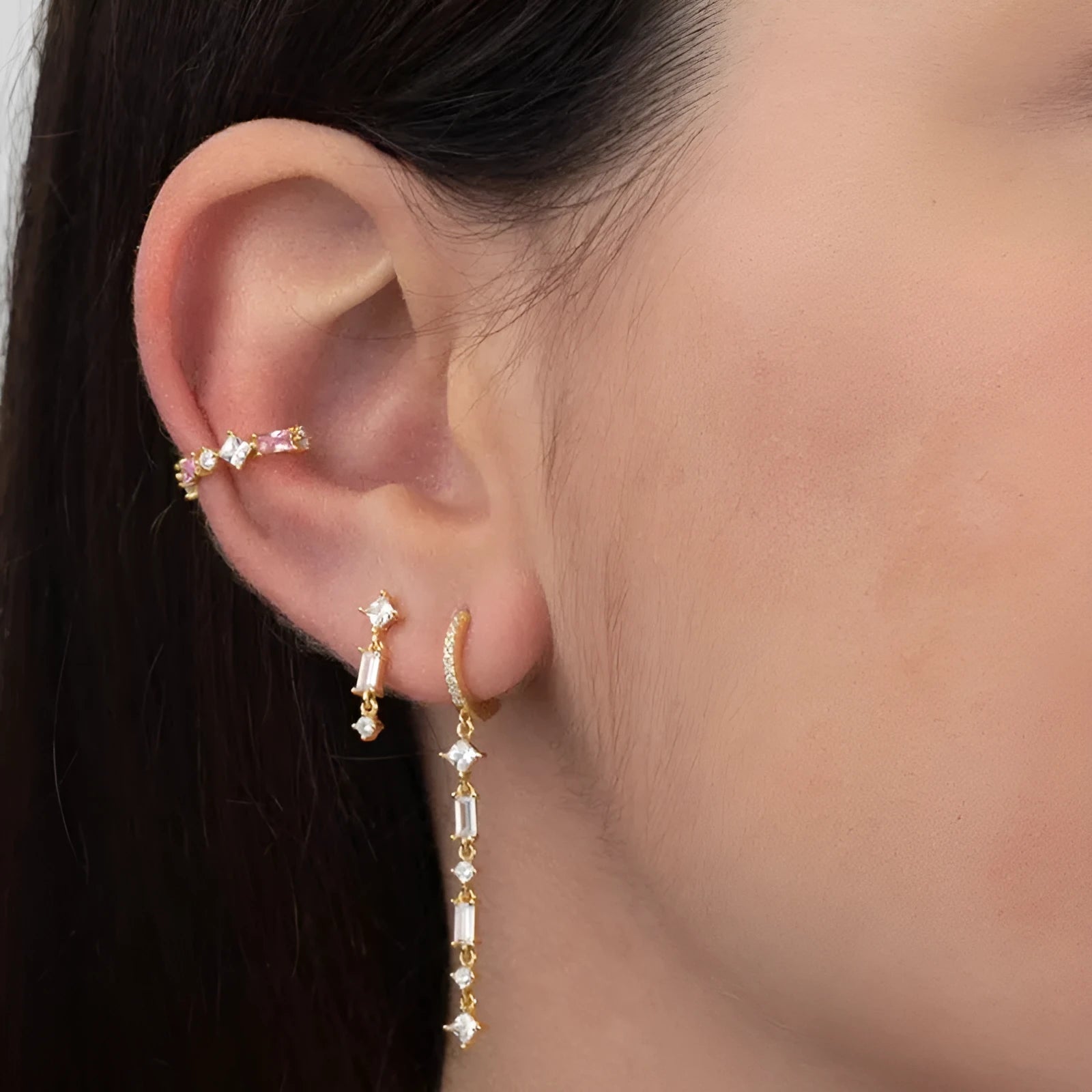 Sterling silver needle geometric U-shaped ear clip with micro-inlaid colourful zircon stones and tassel design.