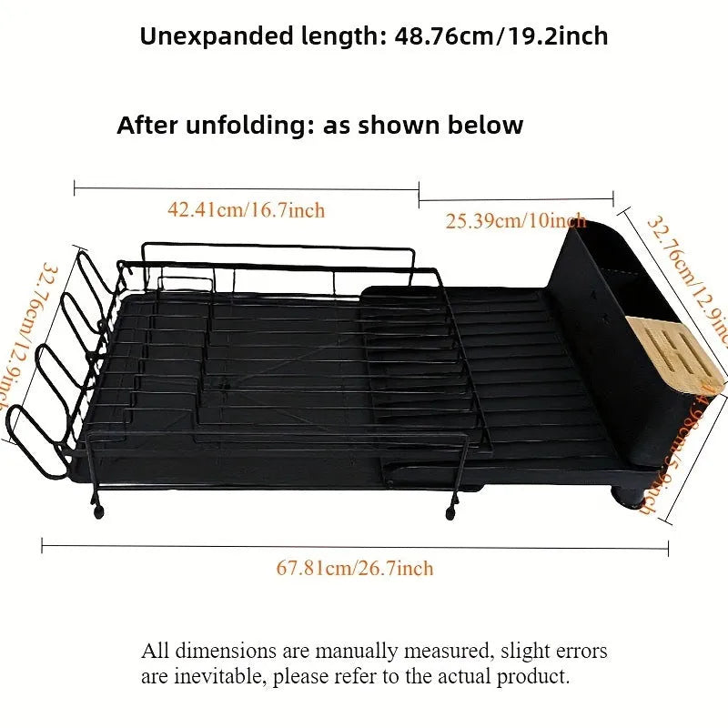 Carbon steel retractable kitchen dish drain rack organising cutlery and cups