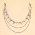 Silver double-layer metal pants chain with rivet details, shown at full 115cm length.
