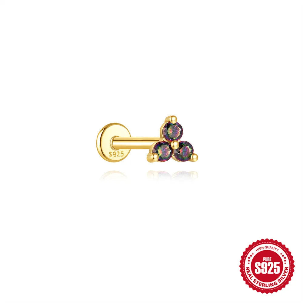 S925 sterling silver flat head thread piercing earring with a rainbow stone in a geometric shape.