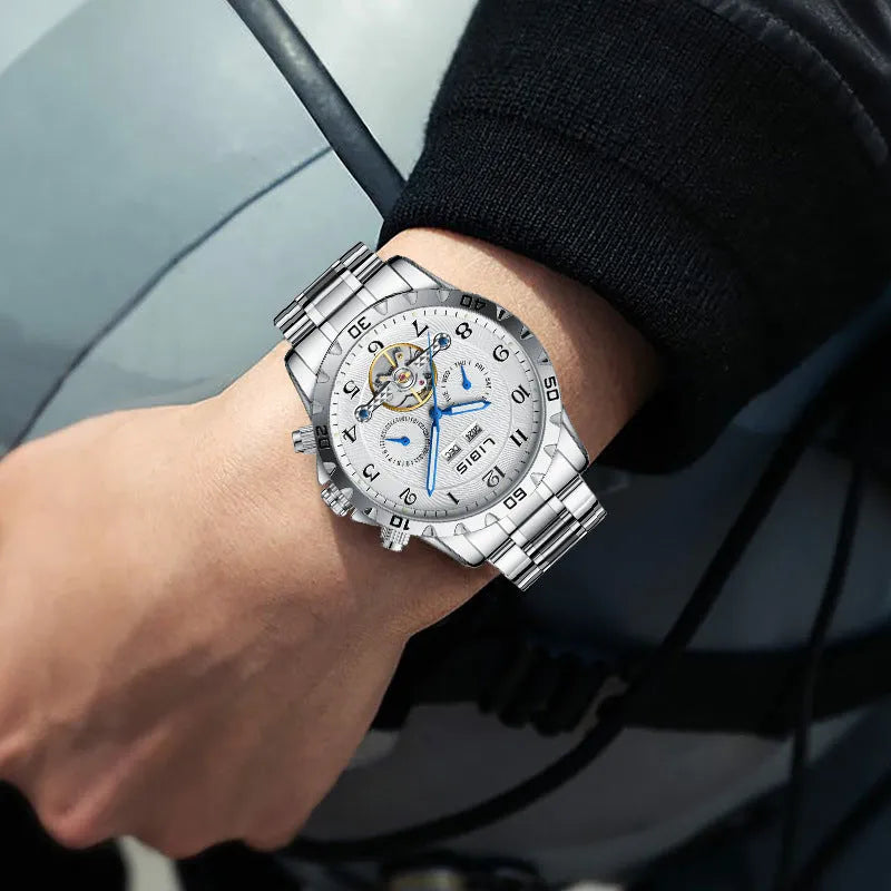 Men's silver stainless steel automatic perpetual calendar mechanical watch with sapphire crystal