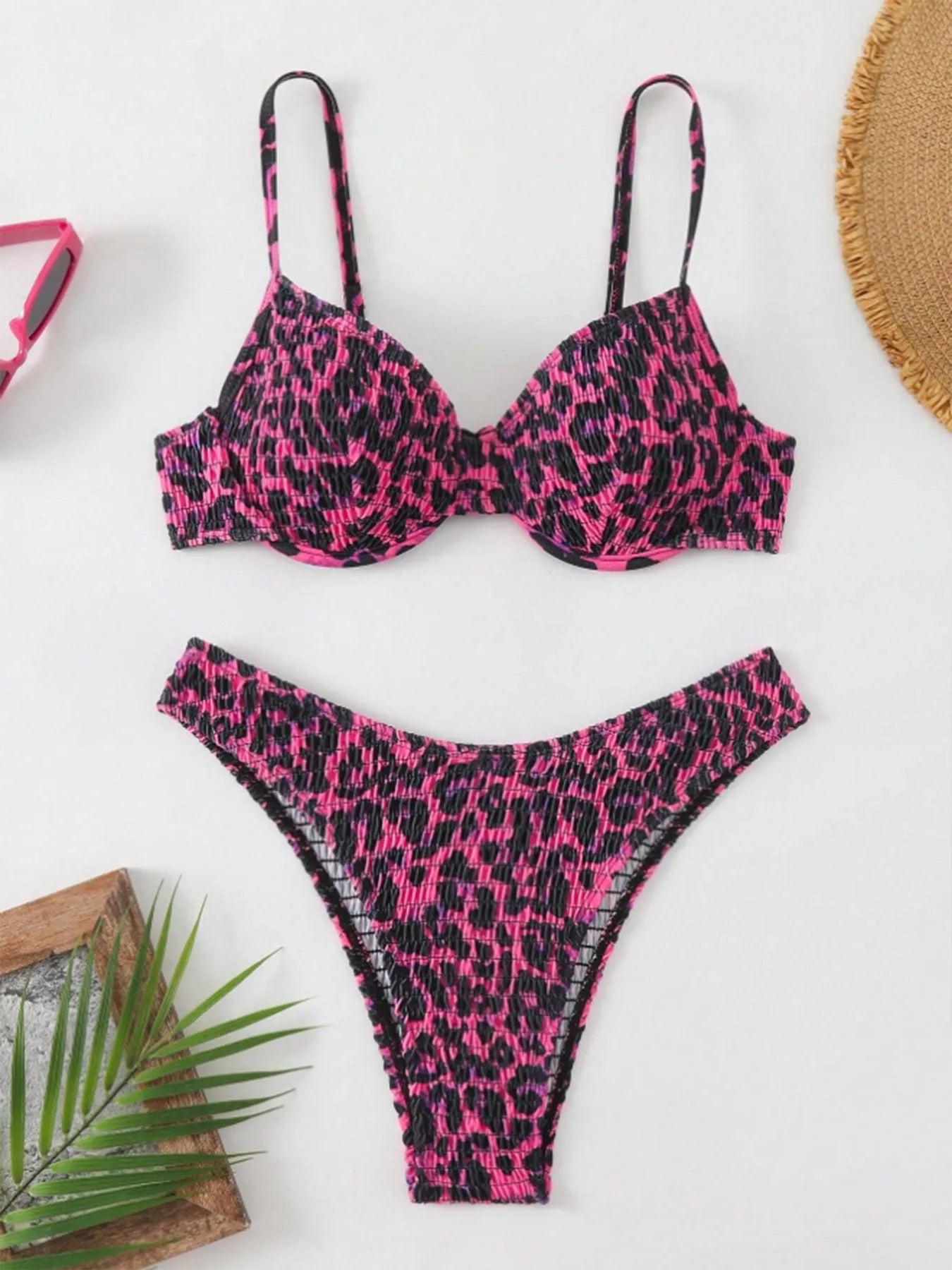 Leopard point backless bikini swimsuit in brown and red mixed colours, sizes S M L